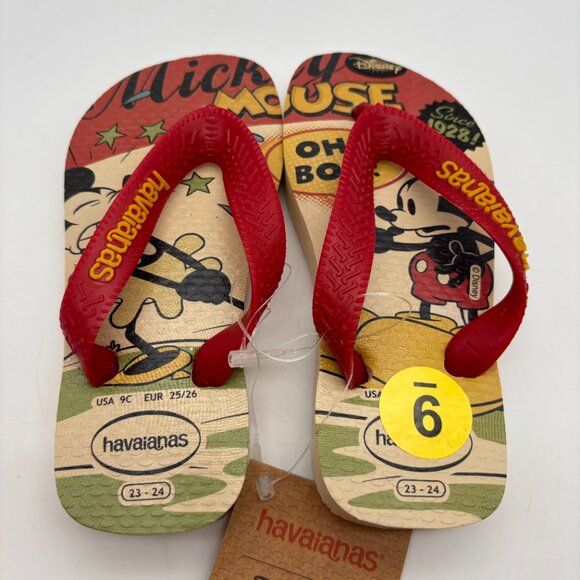 Havaianas Disney Retro Mickey Mouse Print Toddler Flip Flops Beige/Red Size 9C - Picture 2 of 10